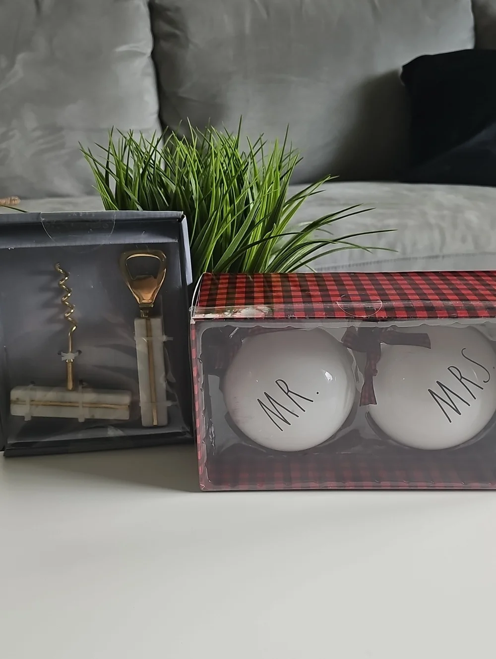 Marble & Gold Wine Accessory Set with Mr. & Mrs. Ornament Ball Pair